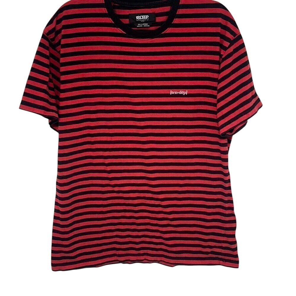 10 Deep Mens Black Red Stripe Crew Neck Short Sleeve 100% Cotton T-Shirt Sz 2XL